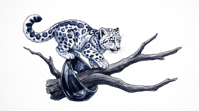 Majestic snow leopard illustration, a graceful big cat perched on a dark tree branch, detailed wildlife artwork for nature and conservation themes, wild animal drawing.