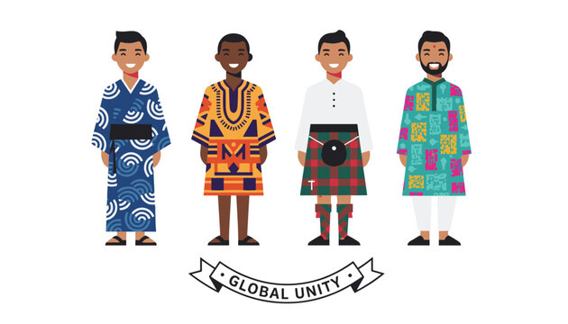 Diverse men standing side by side wearing traditional cultural garments like Japanese kimono, African dashiki, Scottish kilt, and Indian kurta.