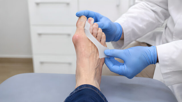 Bunion big toe with first MTP joint deviation during clinical podiatry examination, photorealistic medical procedure image for healthcare education, orthopedic care, and patient communication