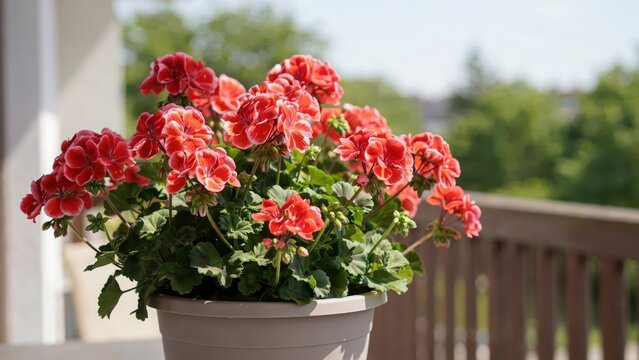 Red geraniums in a pot on a balcony. Floral garden background.