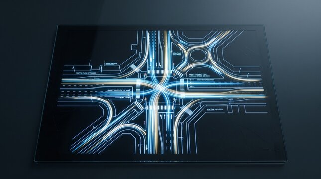 Digital display shows futuristic smart city traffic intersection with glowing blue and yellow lines representing data flow and vehicle movement