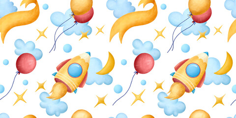 Playful Seamless Pattern with Pencil-Shaped Rockets Flying Among Clouds, Colorful Balloons, Crescent Moons, Golden Stars, And Banners. Isolated. For Children's Bedding, Back-To-School Stationeries.