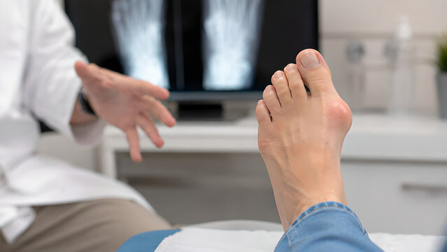 Bunion big toe with first MTP joint deviation during clinical podiatry examination, photorealistic medical procedure image for healthcare education, orthopedic care, and patient communication