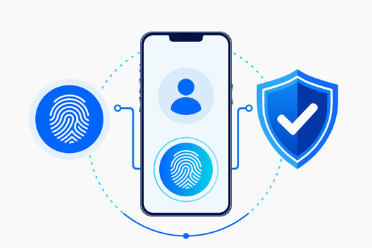 Passwordless login security. Smartphone biometric authentication. Secure access verification. Flat illustration