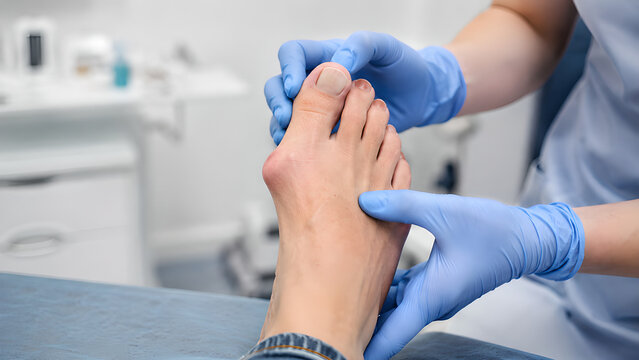 Bunion big toe with first MTP joint deviation during clinical podiatry examination, photorealistic medical procedure image for healthcare education, orthopedic care, and patient communication