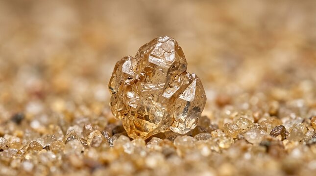 Close up macro shot of a raw uncut diamond crystal cluster resting on a bed of fine sand grains