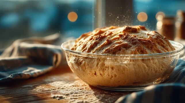 Freshly baked bread dough rising in a glass bowl on a rustic kitchen table with warm lighting and soft background