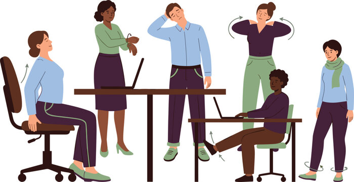 Office workspace physical exercise stretching collection, corporate employees, desk yoga, neck back stretch, laptop, isolated vector illustration.