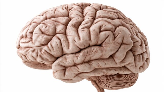 Human brain with detailed structure and lobes, isolated on white, medical accuracy, educational illustration. 