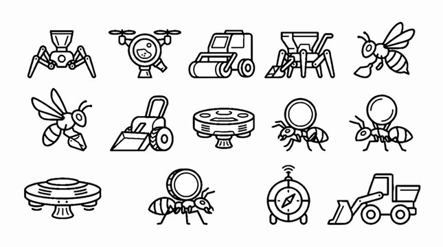A collection of line art icons depicting robotic insects and automated construction machinery.
