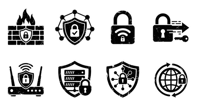 Cybersecurity icons representing network protection and data security