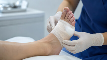 Fototapeta premium Bunion big toe with first MTP joint deviation during clinical podiatry examination, photorealistic medical procedure image for healthcare education, orthopedic care, and patient communication