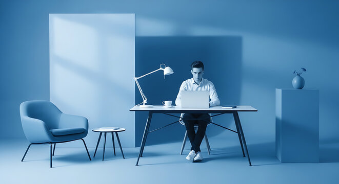 Young man working on a laptop at a modern desk in a minimalist blue office