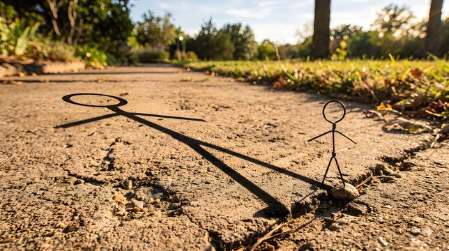 Stick Figure Shadow Play: A tiny stick figure stands on a cracked pathway, casting a long, distorted shadow of itself, symbolizing the duality of existence and self-reflection.