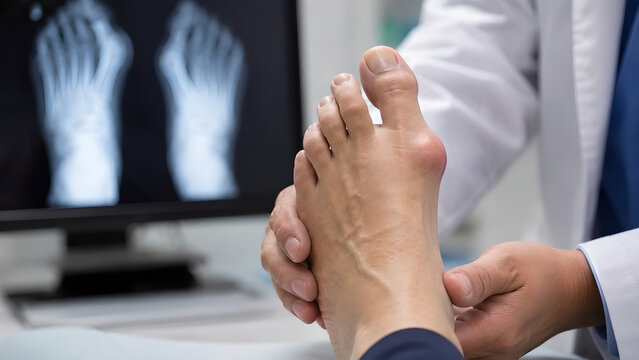 Bunion big toe with first MTP joint deviation during clinical podiatry examination, photorealistic medical procedure image for healthcare education, orthopedic care, and patient communication