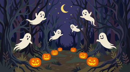 Fototapeta premium A whimsical Halloween night scene in a spooky forest with flying ghosts, glowing jack-o'-lanterns, and a crescent moon under a dark sky.