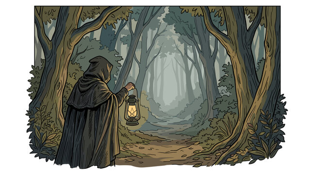 A hooded figure holds a lantern while walking down a path into a mysterious, foggy forest in a comic book style illustration.
