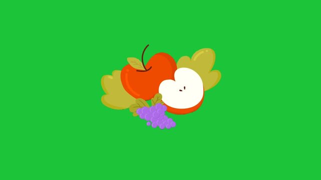 Fresh red apples and purple grapes with green leaves vector illustration animation on chroma key screen background