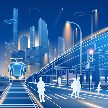 Modern tram approaching a city intersection beneath an elevated highway with illuminated skyscrapers and pedestrians. Blue outline vector illustration of urban mobility and smart city infrastructure.