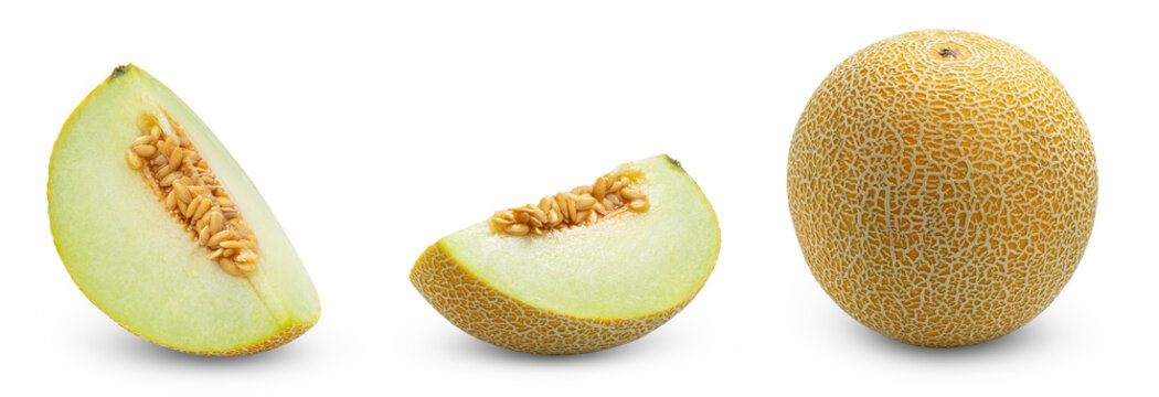 Cantaloupe melons with melon slices collection. Musk melon and cut on slice of juicy melon isolated. 