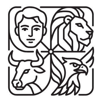 Tetramorph illustration featuring the four living creatures described in the bible including a man a lion an ox and an eagle representing the four evangelists Matthew Mark Luke and John