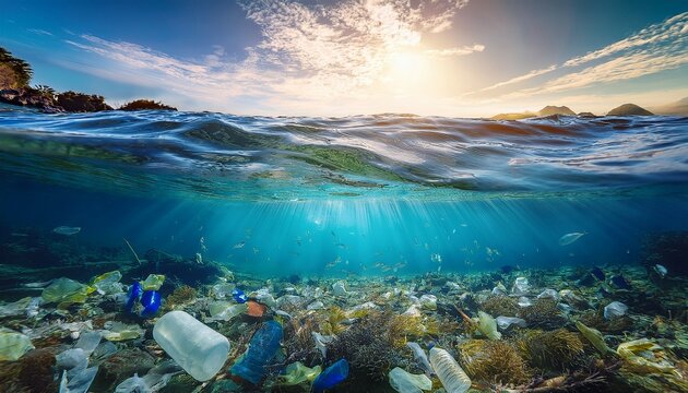 beneath the surface a poignant depiction of ocean pollution contrasting the beauty of a pristine seascape above with a haunting display of waste below