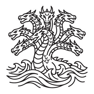 Seven headed sea monster dragon rising from ocean waves in black and white minimalist outline art style depicting the biblical beast of revelation or mythological hydra