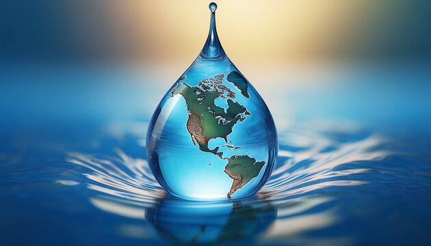 a droplet of water encapsulating earth symbolizing the delicate balance of nature and the importance of preserving our planets resources amidst a shimmering blue backdrop