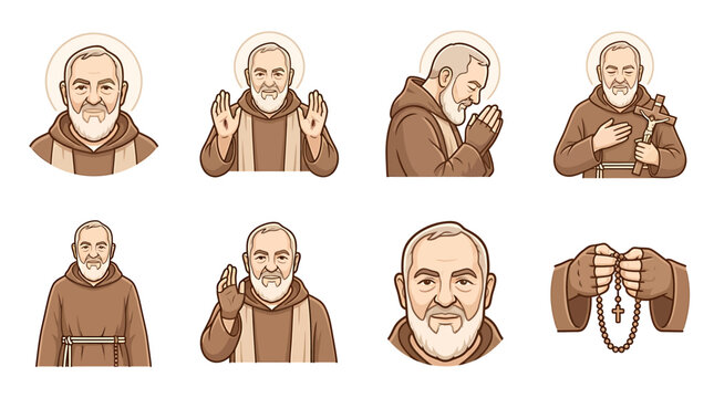 Catholic saint Padre Pio vector set, religious monk character icons, spiritual priest in brown habit with rosary and crucifix