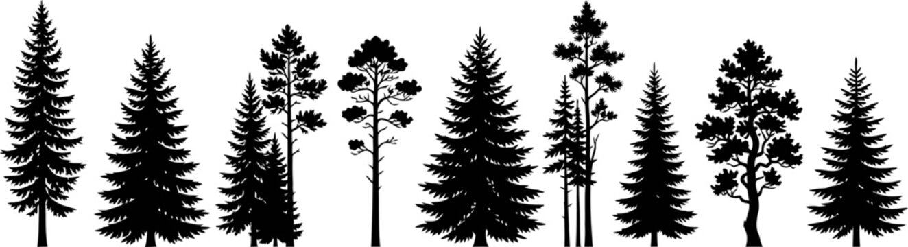 Set of various pine trees silhouettes on a white background for nature or outdoor scenes