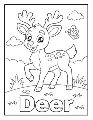 Fototapeta premium Deer Flashcard Coloring Page for Kids. Educational Forest Animal Name Worksheet for Children.