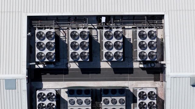 Close up aerial view of AI server cooling fans and HVAC ventilation infrastructure