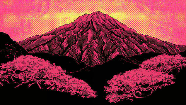 ポップアート風ベクターイラストの吉野山の山肌を染める一目千本桜