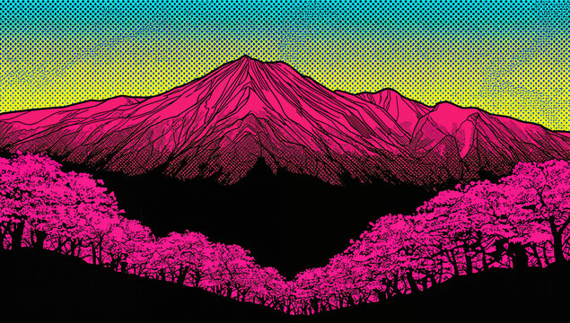 ポップアート風ベクターイラストの吉野山の山肌を染める一目千本桜