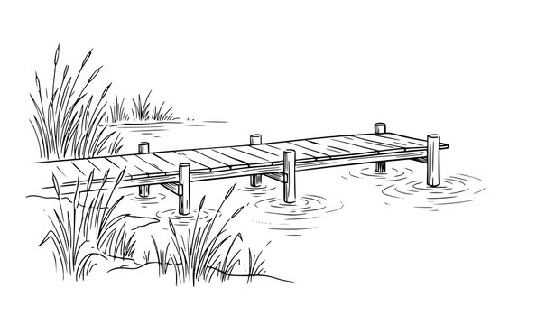 Hand Drawn Wooden Dock with Lake Reeds Minimal Ink Line Art Vector for Peaceful Nature and Fishing Concept