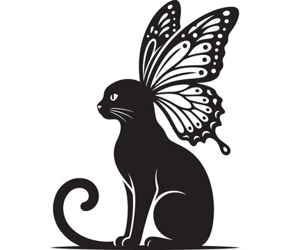 Cat with Butterfly Wings Tattoo Style Icon, Black and White Ornamental Design for Nature, Magic, and Wildlife Concept
