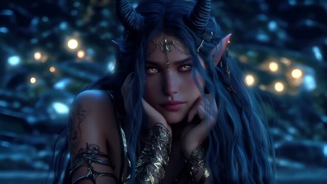 Fantasy, mysterious, wallpaper. A fantasythemed portrait of a female character with striking blue hair and piercing yellow eyes. She wears ornate gold jewelry, including horns and earrings.