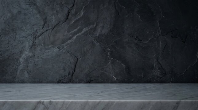 Dramatic slate wall and marble tabletop a moody interior design display for product showcase