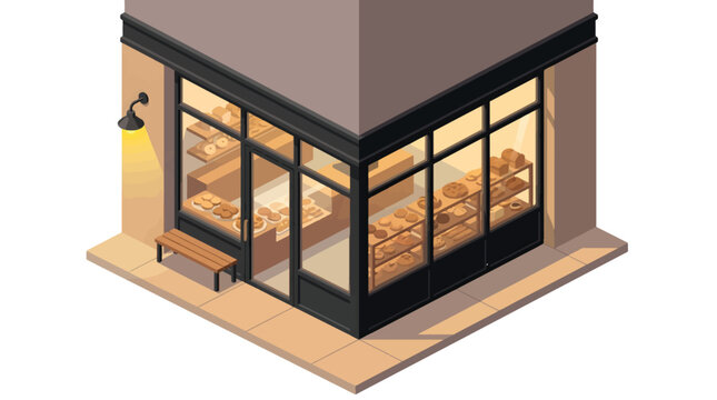 Isometric corner building exterior of modern artisanal coffee shop and bakery flat vector illustration