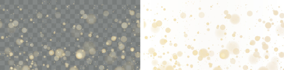 Obraz premium Golden Bokeh Lights Overlay With Soft Glowing Circles And Scattered Sparkles On Transparent Background, Vector Illustration