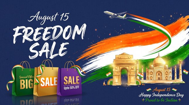 Happy indian independence day 15 august freedom sale patriotic illustration with india gate shopping bags