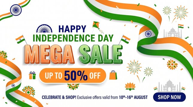 Indian Independence Day Mega Sale banner, saffron and green tricolor promotional poster, 50 percent off discount flyer with Ashoka Chakra isolated PNG with Transparent Background