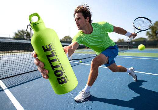 Sports Water Bottle Mockup in Tennis Court