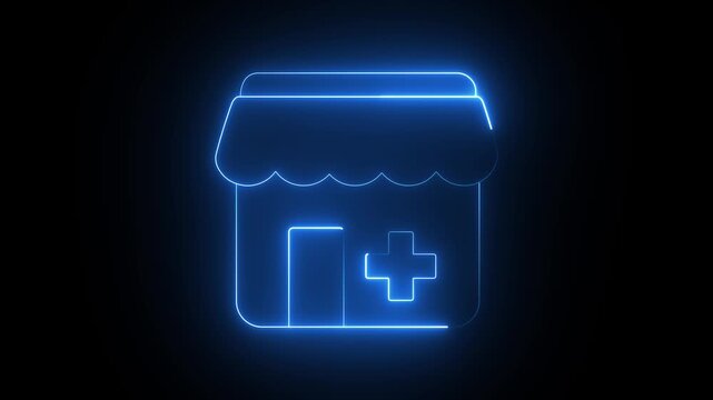 Neon blue light pharmacy shop building sign illuminating on dark background store animation. bright blue neon glow outlining a pharmacy store icon on a black background