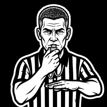 A comic book style line art vector illustration of a stern male referee in a striped official uniform blowing a whistle while making a hand signal against a black background.