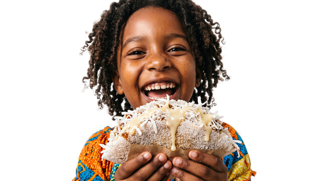 African American girl eating popcorn with joy. Happy child enjoying crunchy snack at home with big smile.