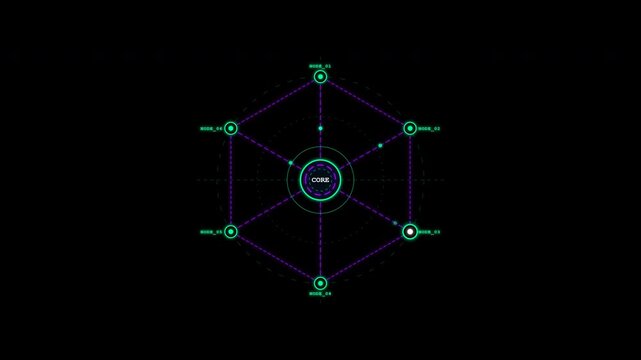 Sci-Fi network grid HUD panel on black background, 16:9 widescreen seamless loop with central core hub, glowing node connections and signal pulses.