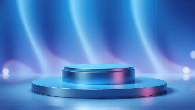 Empty stage. Blue lighting creates dramatic effect. Round pedestal stands center, awaiting display. Modern presentation backdrop.