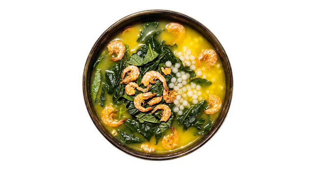 Healthy spinach and cashew nut bowl with creamy sauce. Top-down gourmet vegan meal in rustic ceramic dish for clean eating.