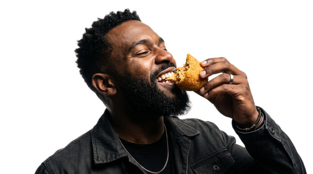 Man eating a juicy burger with sauce dripping. Close-up portrait of hungry male enjoying fast food meal in studio lighting.